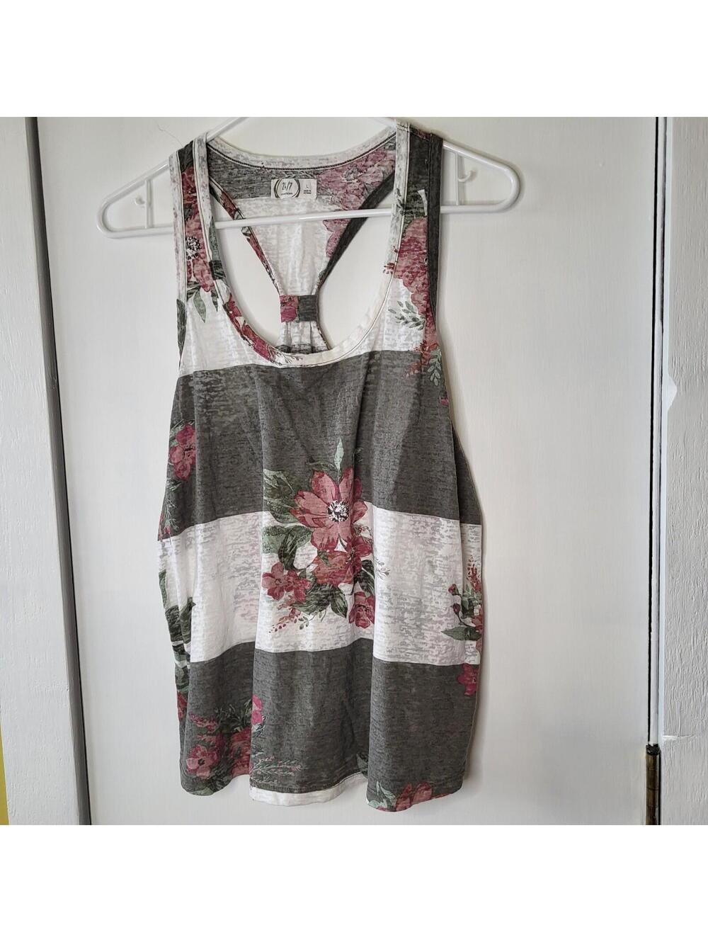 Maurices 24/7 pink floral stripe knot back tank top in a gray and white women LG